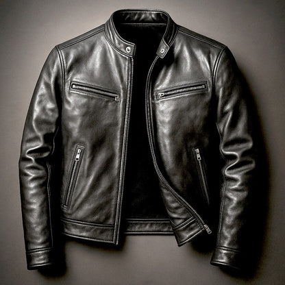Herren-Bikerjacke in Lederoptik mit Stehkragen und vier Reißverschlusstaschen in Slim Fit in Schwarz