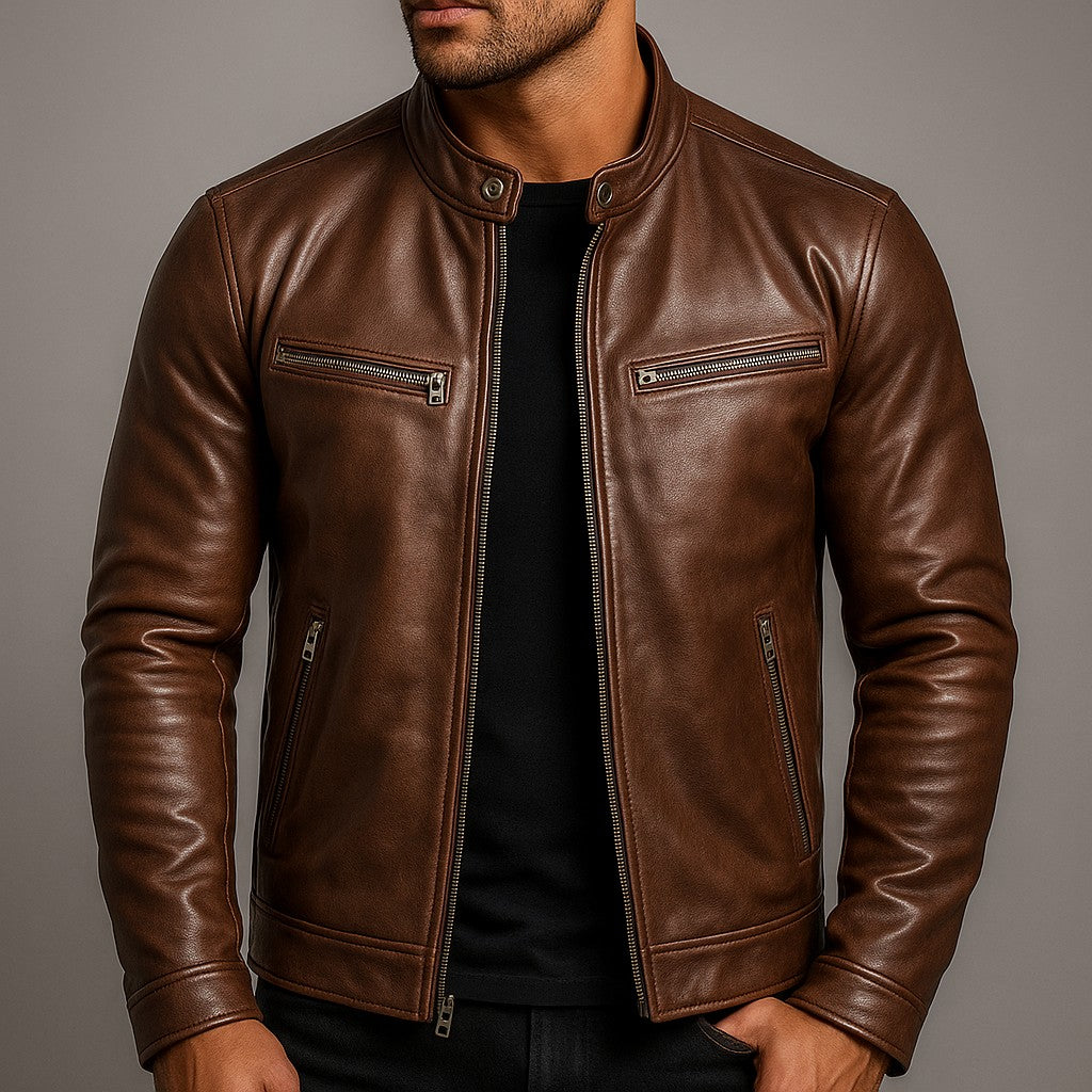 Herren-Bikerjacke in Lederoptik mit Stehkragen und vier Reißverschlusstaschen in Slim Fit, Ansicht 5