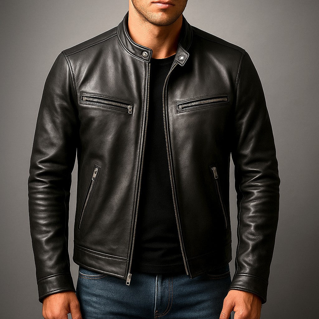 Herren-Bikerjacke in Lederoptik mit Stehkragen und vier Reißverschlusstaschen in Slim Fit, Ansicht 6