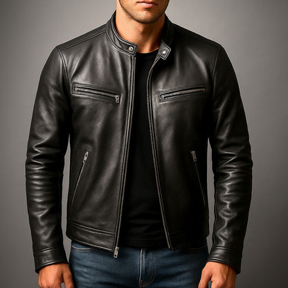 Herren-Bikerjacke in Lederoptik mit Stehkragen und vier Reißverschlusstaschen in Slim Fit, Ansicht 6