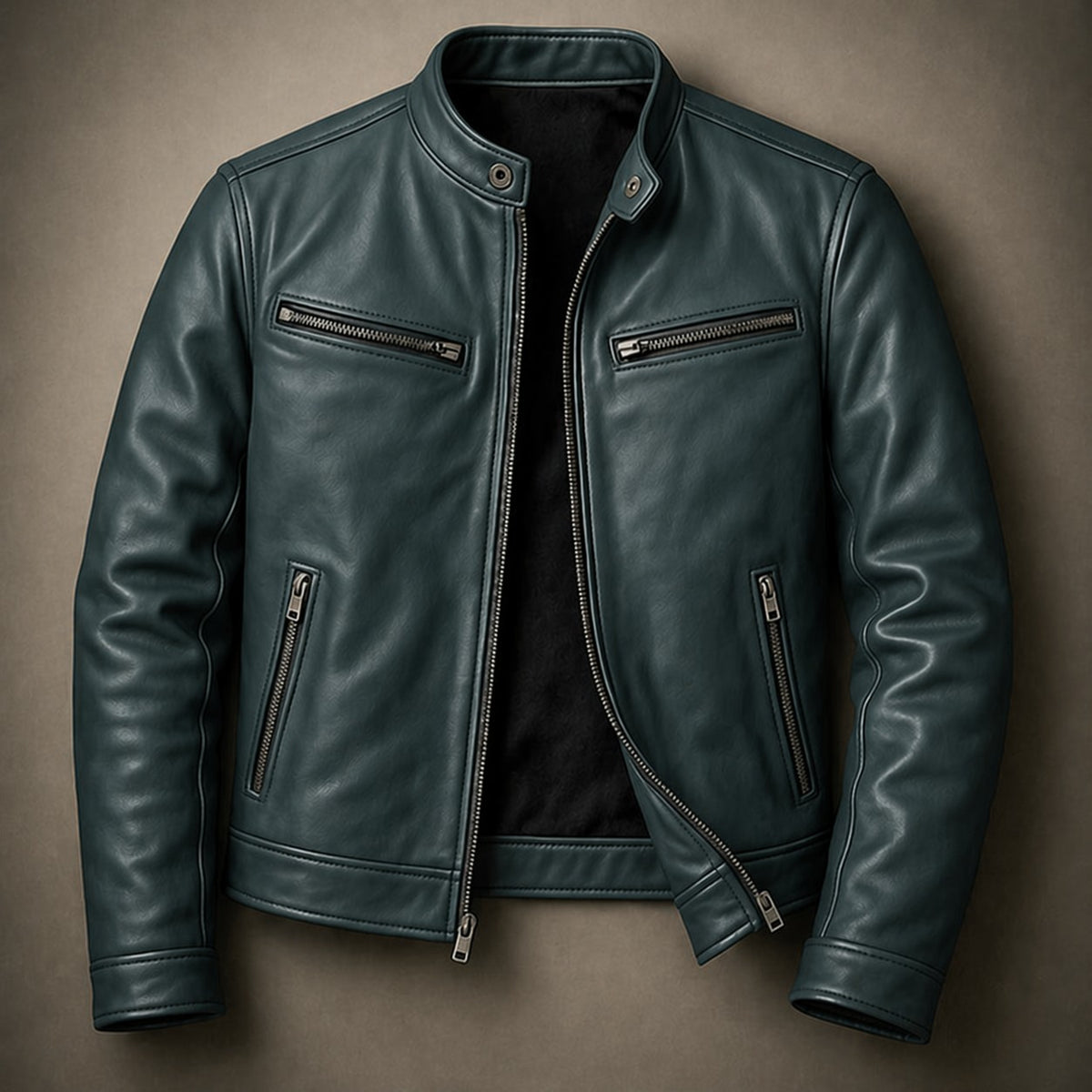 Herren-Bikerjacke in Lederoptik mit Stehkragen und vier Reißverschlusstaschen in Slim Fit in Tannengrün