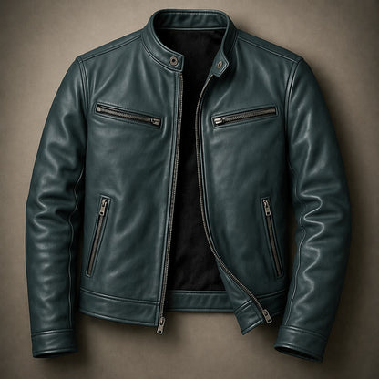 Herren-Bikerjacke in Lederoptik mit Stehkragen und vier Reißverschlusstaschen in Slim Fit in Tannengrün