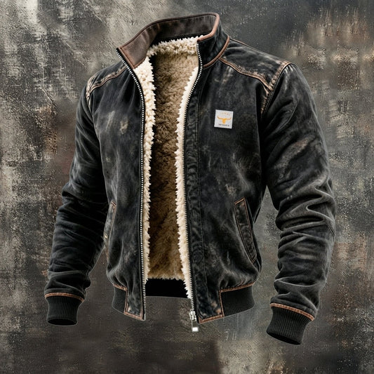 Herren-Bomberjacke im Used-Look mit Teddyfutter, Stehkragen und Rippbündchen in Schwarz