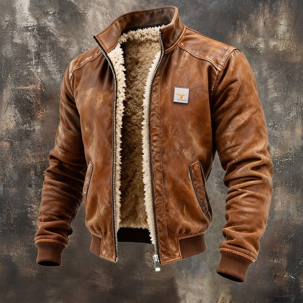 Herren-Bomberjacke im Used-Look mit Teddyfutter, Stehkragen und Rippbündchen in Braun