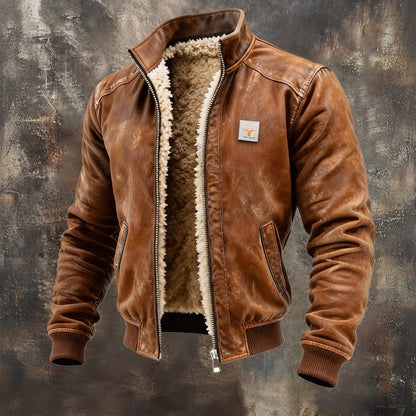 Herren-Bomberjacke im Used-Look mit Teddyfutter, Stehkragen und Rippbündchen in Braun