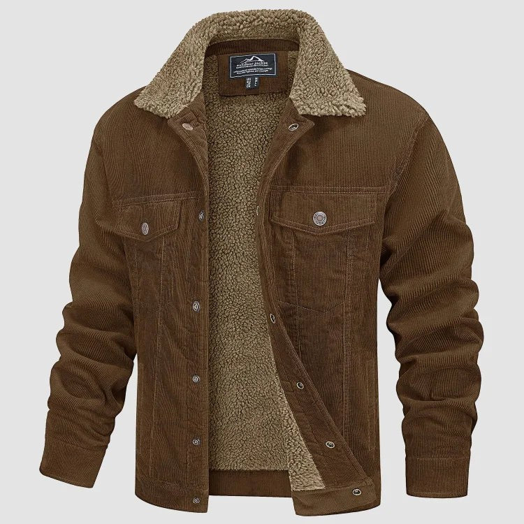 Herren-Cordjacke mit Teddyfutter, Knopfleiste und Brusttaschen für den Winter in Braun