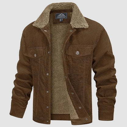 Herren-Cordjacke mit Teddyfutter, Knopfleiste und Brusttaschen für den Winter in Braun
