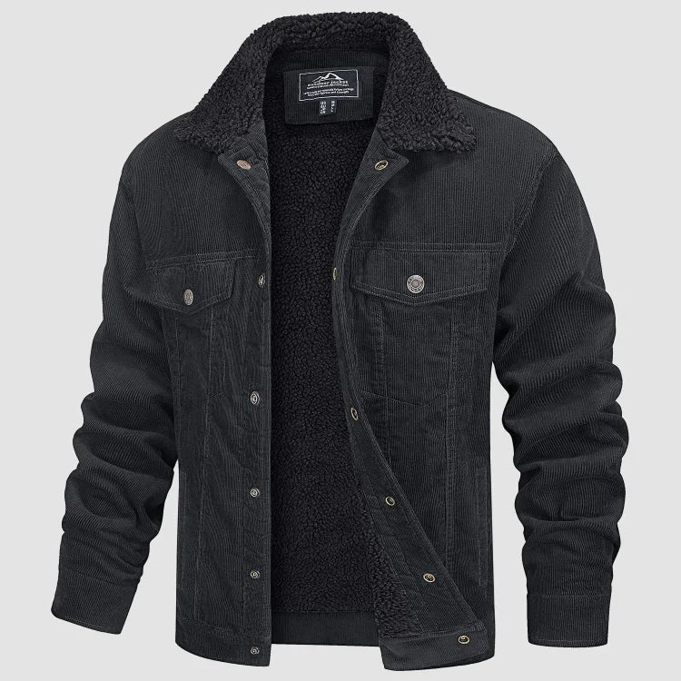 Herren-Cordjacke mit Teddyfutter, Knopfleiste und Brusttaschen für den Winter in Grau