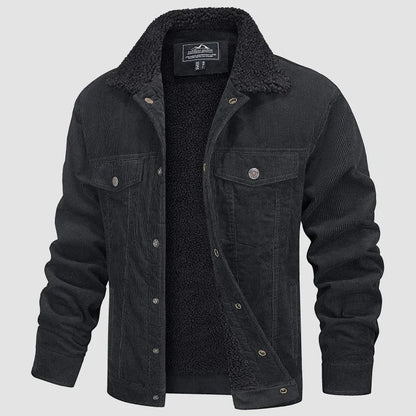 Herren-Cordjacke mit Teddyfutter, Knopfleiste und Brusttaschen für den Winter in Grau