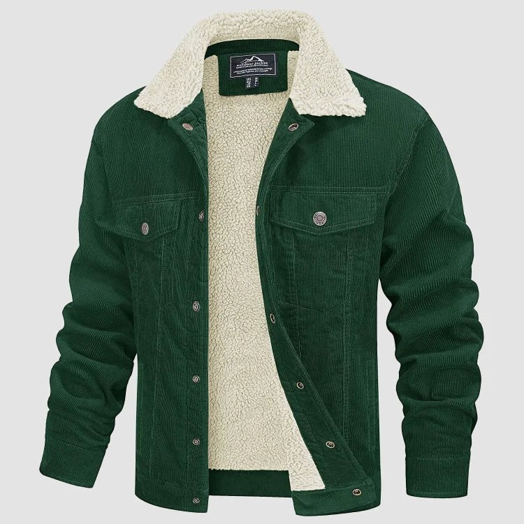 Herren-Cordjacke mit Teddyfutter, Knopfleiste und Brusttaschen für den Winter in Grün