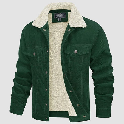 Herren-Cordjacke mit Teddyfutter, Knopfleiste und Brusttaschen für den Winter in Grün