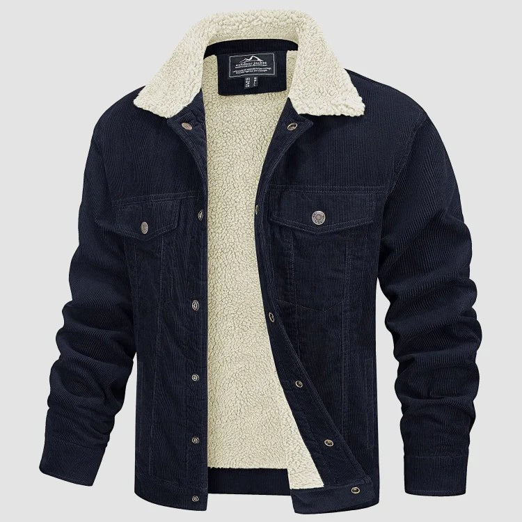 Herren-Cordjacke mit Teddyfutter, Knopfleiste und Brusttaschen für den Winter in Blau