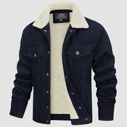 Herren-Cordjacke mit Teddyfutter, Knopfleiste und Brusttaschen für den Winter in Blau