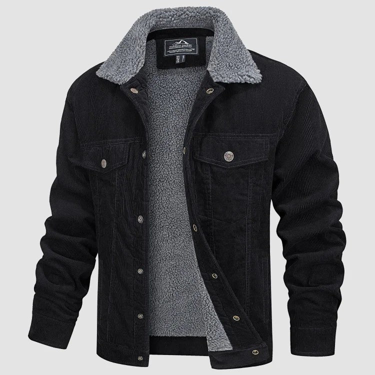 Herren-Cordjacke mit Teddyfutter, Knopfleiste und Brusttaschen für den Winter in Schwarz
