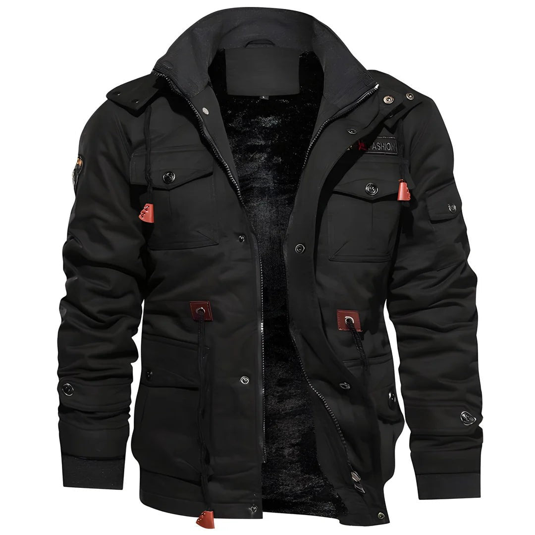 Herren-Feldjacke mit Plüschfutter, Pattentaschen, Ärmeltasche und Taillenzug in Schwarz