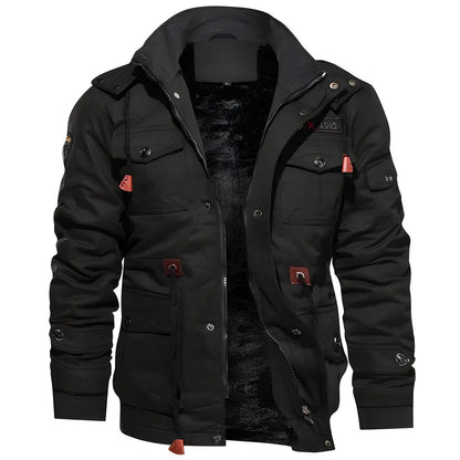 Herren-Feldjacke mit Plüschfutter, Pattentaschen, Ärmeltasche und Taillenzug in Schwarz