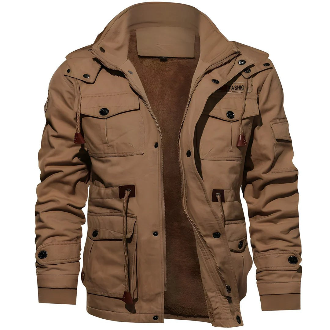 Herren-Feldjacke mit Plüschfutter, Pattentaschen, Ärmeltasche und Taillenzug in Khaki