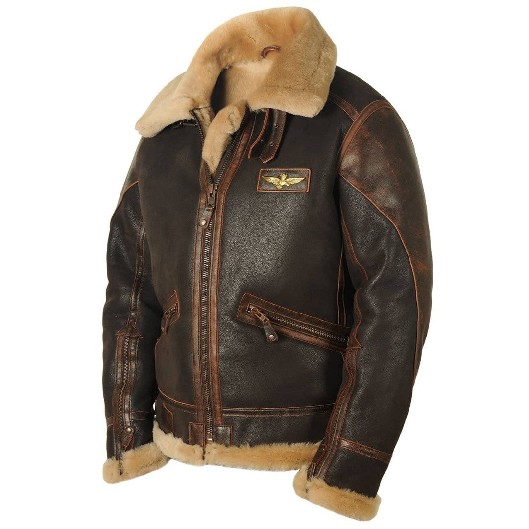 Herren-Fliegerjacke aus Lammleder mit Shearling-Futter, Fellkragen und Riemen am Kragen in Braun