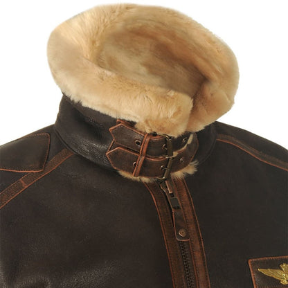 Herren-Fliegerjacke aus Lammleder mit Shearling-Futter, Fellkragen und Riemen am Kragen, Ansicht 4