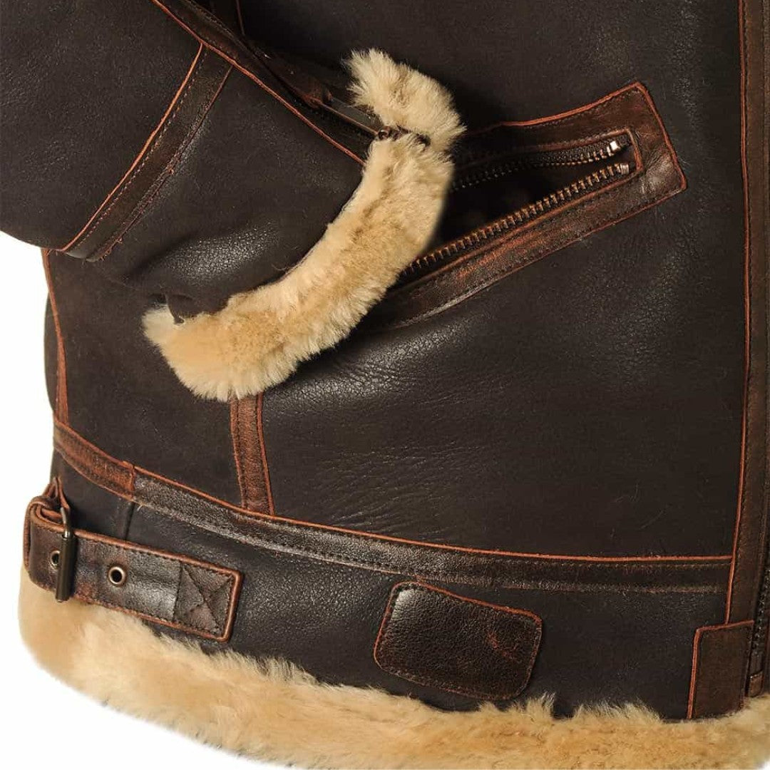 Herren-Fliegerjacke aus Lammleder mit Shearling-Futter, Fellkragen und Riemen am Kragen, Ansicht 6