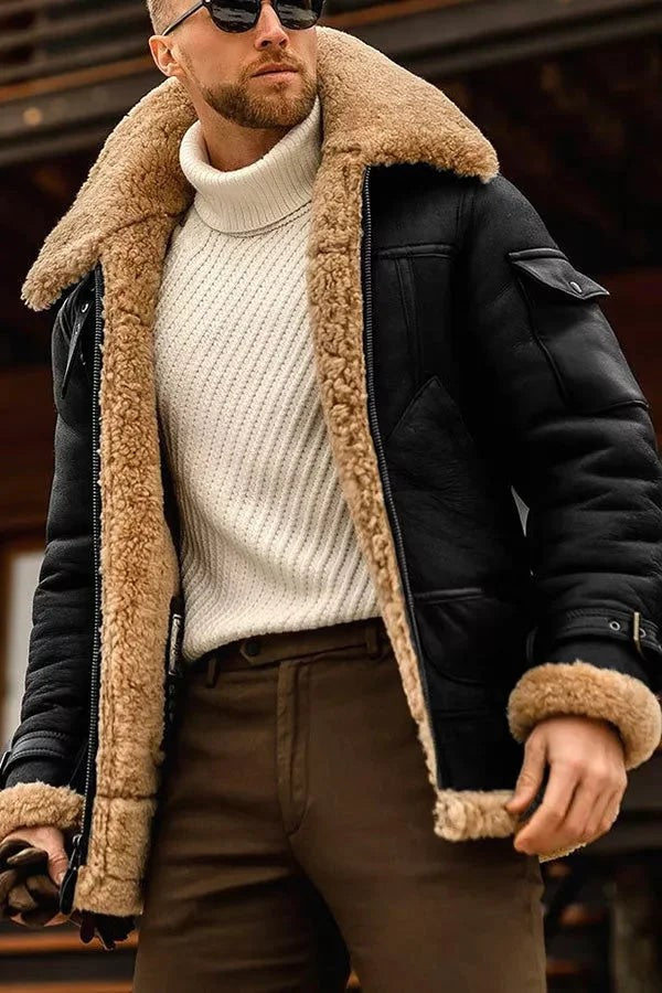 Herren-Fliegerjacke in Lederoptik mit Sherpafutter, breitem Kragen und Reißverschluss in Schwarz