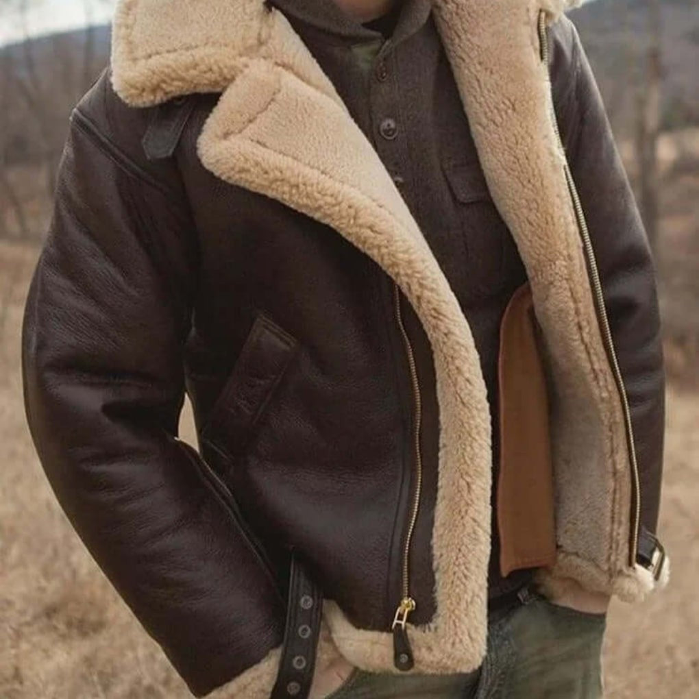 Braune Herren-Fliegerjacke in Lederoptik mit hellem Teddykragen