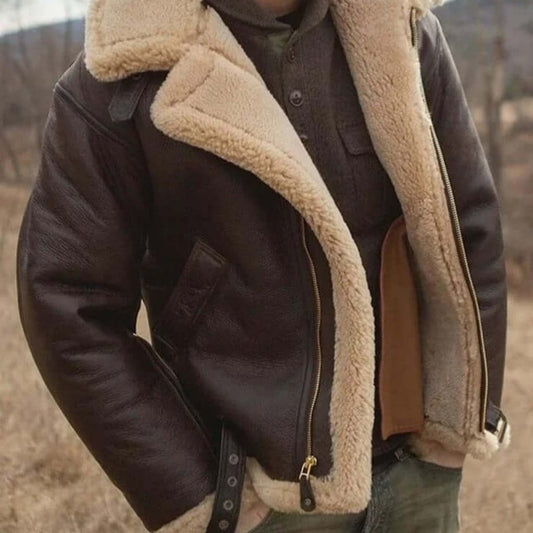 Braune Herren-Fliegerjacke in Lederoptik mit hellem Teddykragen