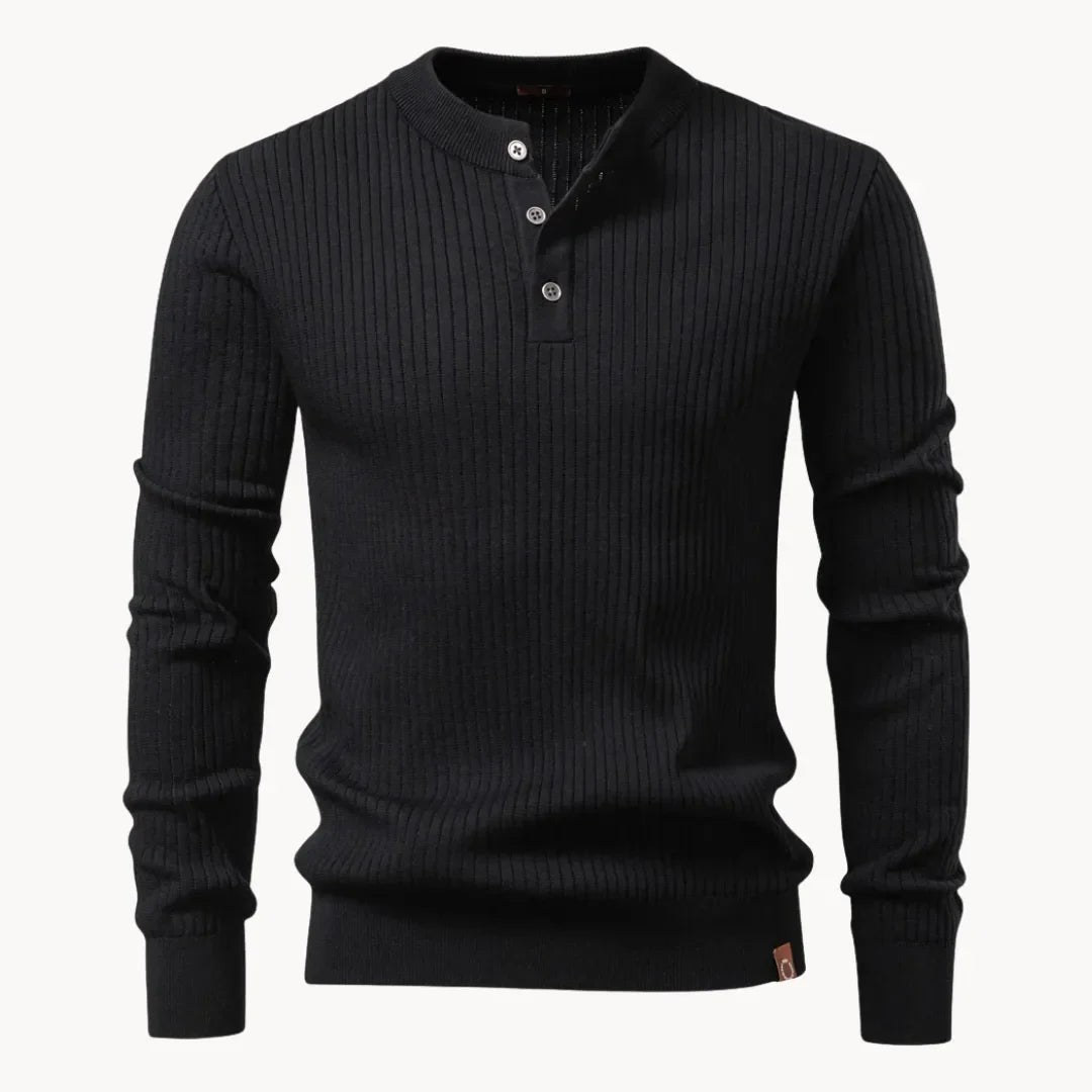 Herren-Henley-Pullover aus Rippstrick mit Rundhals und Knopfleiste in körpernaher Passform in Schwarz