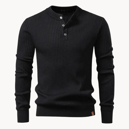 Herren-Henley-Pullover aus Rippstrick mit Rundhals und Knopfleiste in körpernaher Passform in Schwarz
