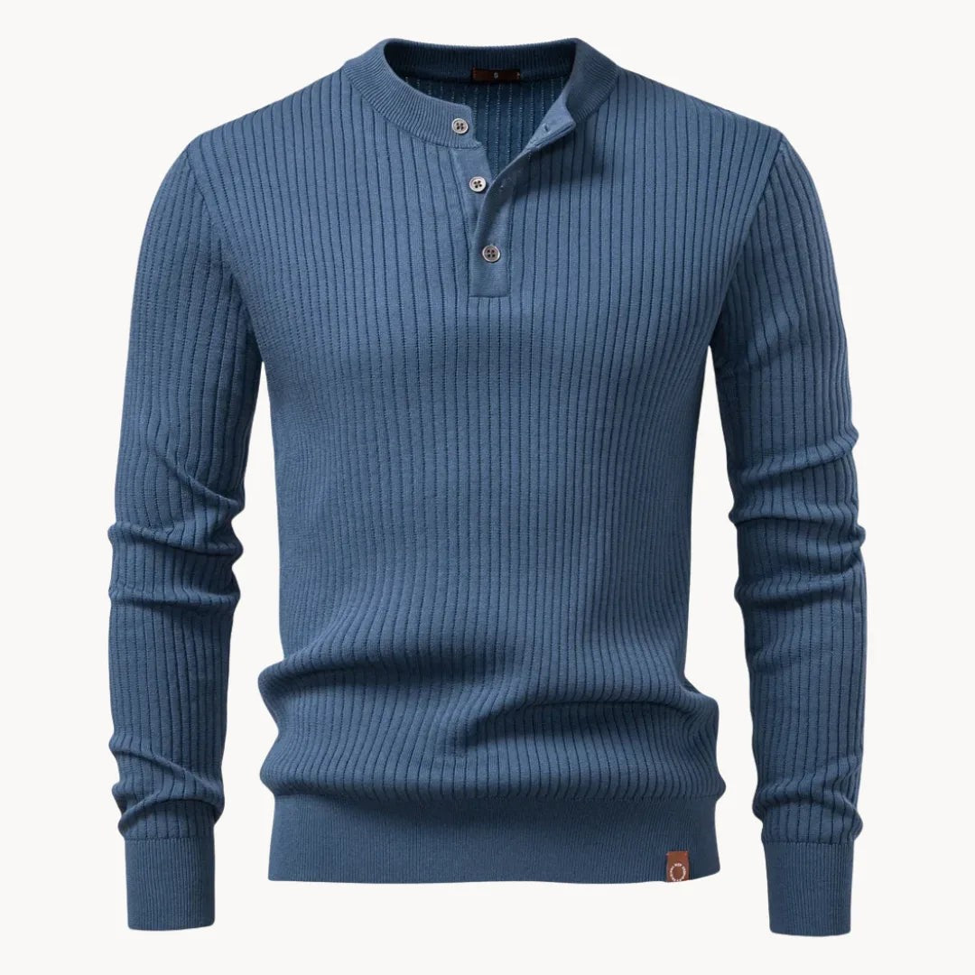 Herren-Henley-Pullover aus Rippstrick mit Rundhals und Knopfleiste in körpernaher Passform in Blau