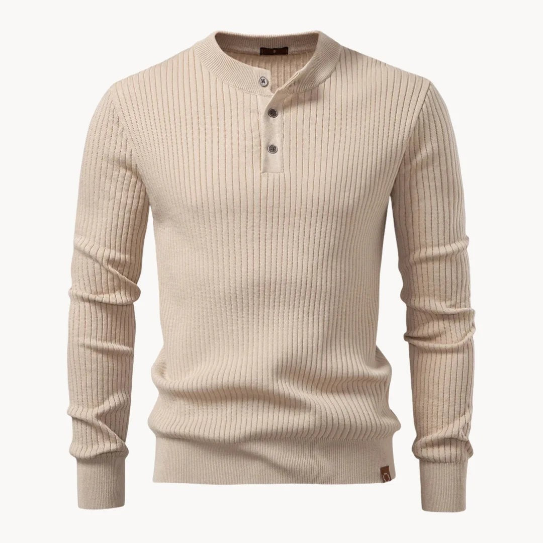 Herren-Henley-Pullover aus Rippstrick mit Rundhals und Knopfleiste in körpernaher Passform in Beige