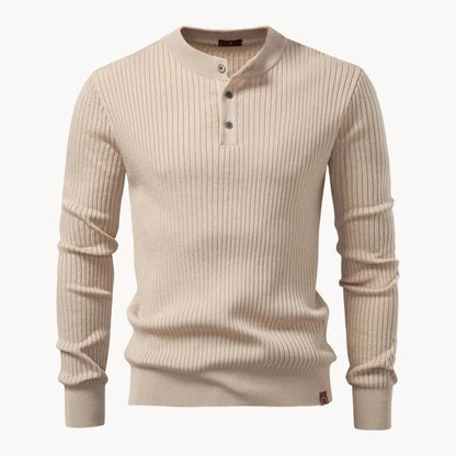 Herren-Henley-Pullover aus Rippstrick mit Rundhals und Knopfleiste in körpernaher Passform in Beige