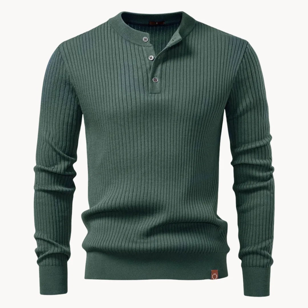 Herren-Henley-Pullover aus Rippstrick mit Rundhals und Knopfleiste in körpernaher Passform in Grün