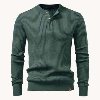 Herren-Henley-Pullover aus Rippstrick mit Rundhals und Knopfleiste in körpernaher Passform in Grün