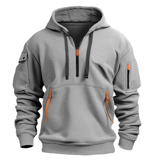 Herren-Hoodie mit Halfzip, Kängurutasche mit Reißverschlüssen und Ärmeltasche in Hellgrau