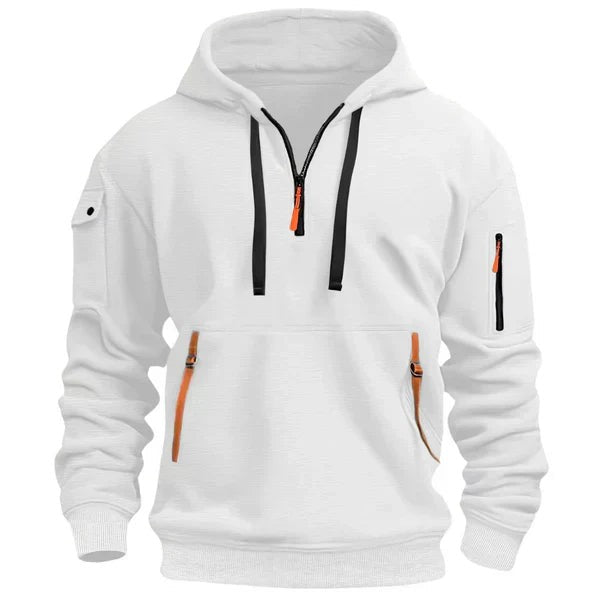 Herren-Hoodie mit Halfzip, Kängurutasche mit Reißverschlüssen und Ärmeltasche in Weiß
