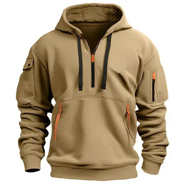 Herren-Hoodie mit Halfzip, Kängurutasche mit Reißverschlüssen und Ärmeltasche in Khaki