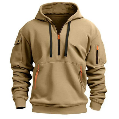 Herren-Hoodie mit Halfzip, Kängurutasche mit Reißverschlüssen und Ärmeltasche in Khaki