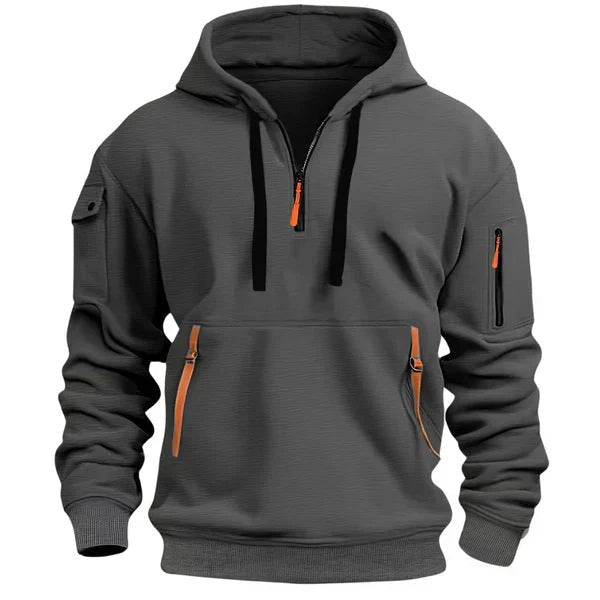 Herren-Hoodie mit Halfzip, Kängurutasche mit Reißverschlüssen und Ärmeltasche in Dunkelgrau