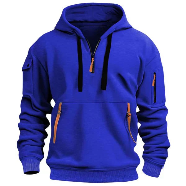 Herren-Hoodie mit Halfzip, Kängurutasche mit Reißverschlüssen und Ärmeltasche in Blau