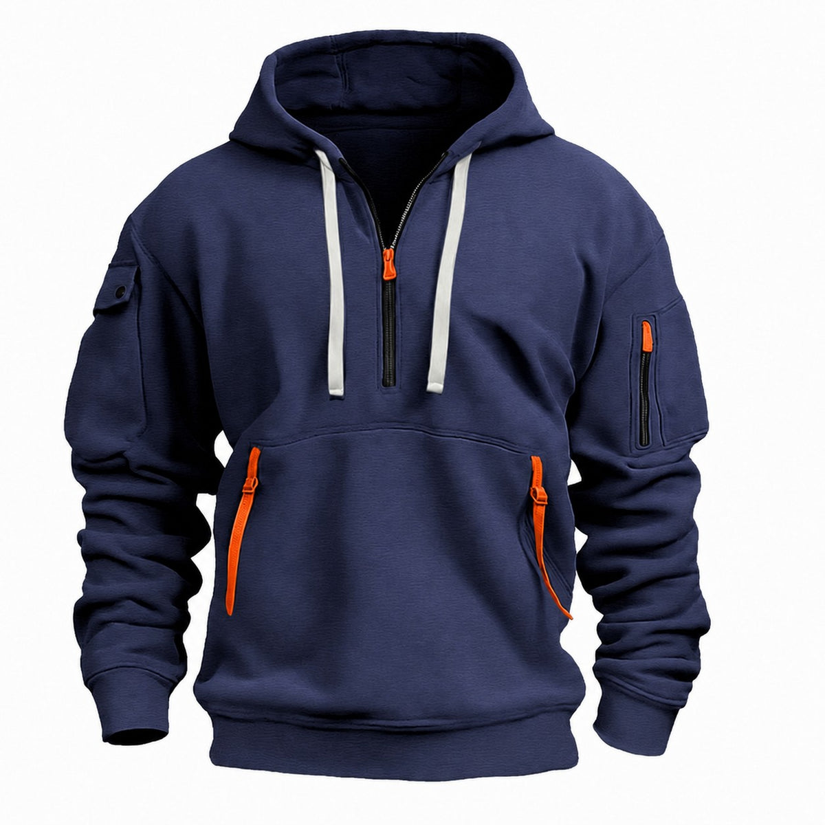Herren-Hoodie mit Halfzip, Kängurutasche mit Reißverschlüssen und Ärmeltasche in Dunkelblau