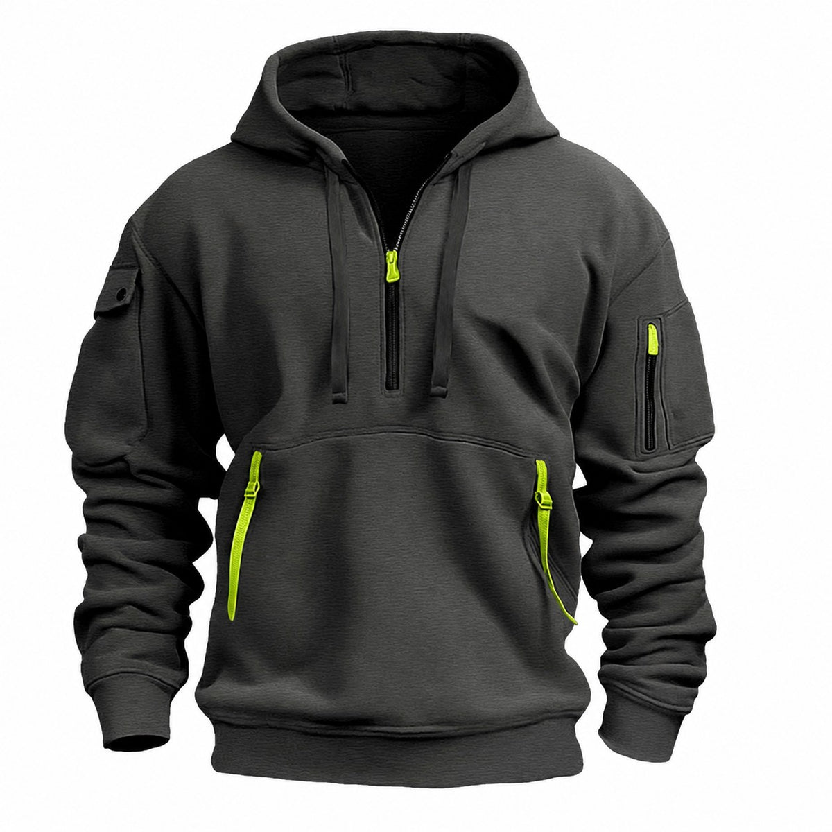 Herren-Hoodie mit Halfzip, Kängurutasche mit Reißverschlüssen und Ärmeltasche in Schwarz