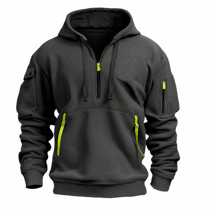 Herren-Hoodie mit Halfzip, Kängurutasche mit Reißverschlüssen und Ärmeltasche in Schwarz