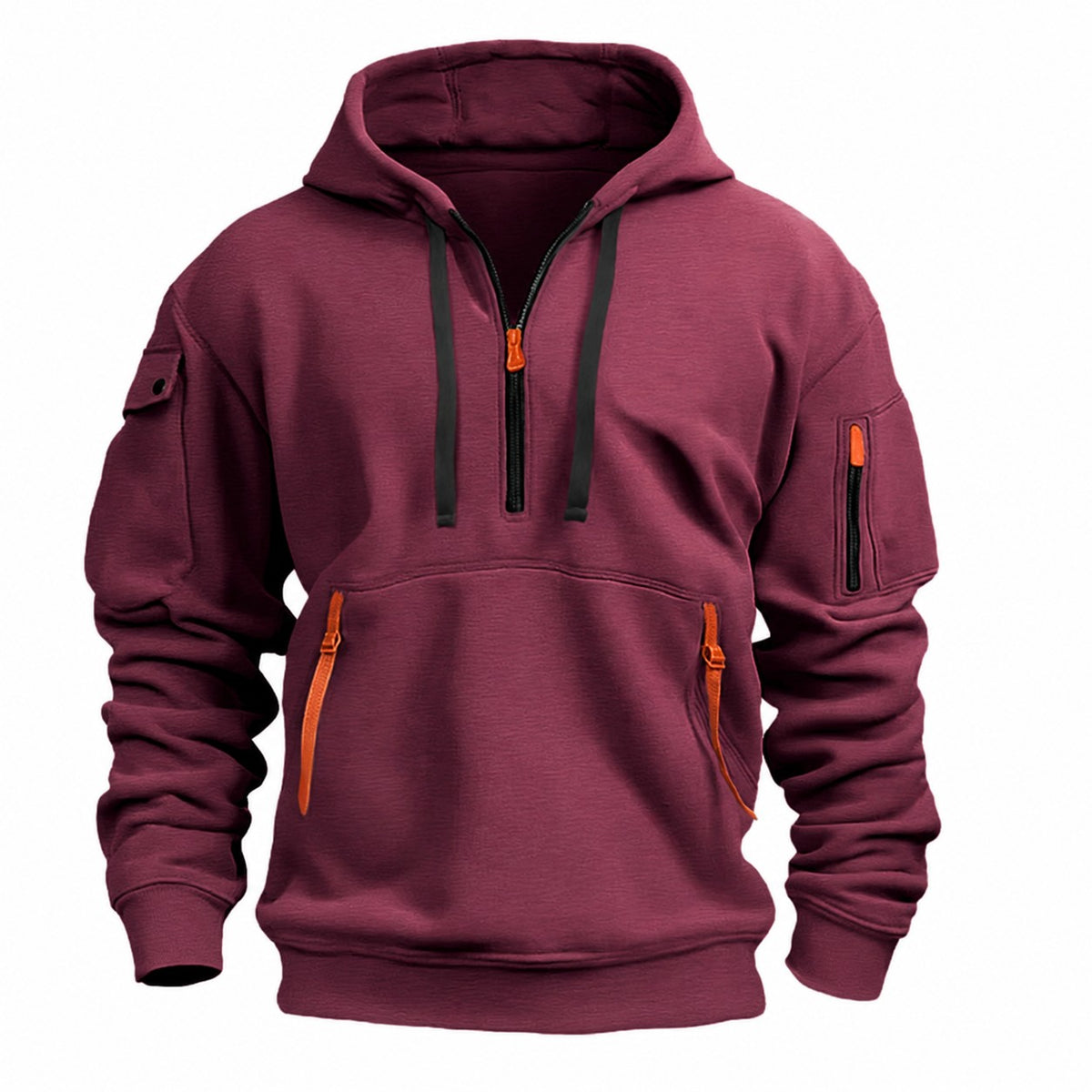 Herren-Hoodie mit Halfzip, Kängurutasche mit Reißverschlüssen und Ärmeltasche in Rot