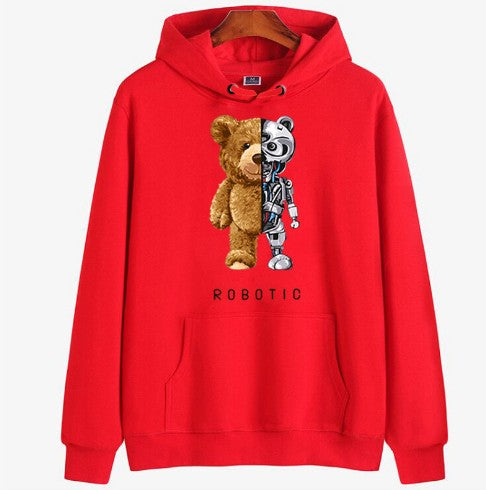 Herren-Hoodie mit Teddy-Roboter-Print, Kapuze und Kängurutasche in Rot