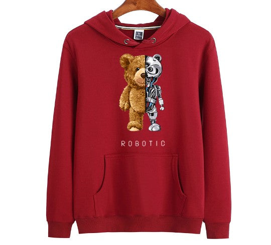 Herren-Hoodie mit Teddy-Roboter-Print, Kapuze und Kängurutasche in Dunkelrot