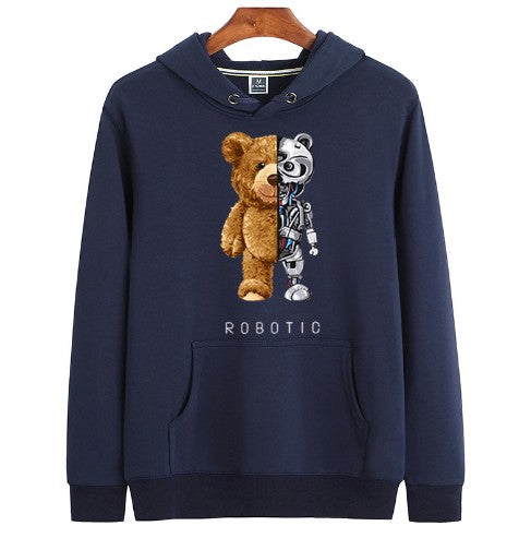 Herren-Hoodie mit Teddy-Roboter-Print, Kapuze und Kängurutasche in Marineblau