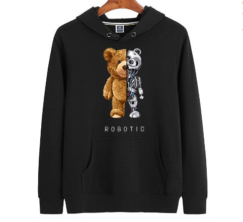 Herren-Hoodie mit Teddy-Roboter-Print, Kapuze und Kängurutasche in Schwarz