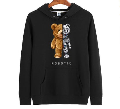 Herren-Hoodie mit Teddy-Roboter-Print, Kapuze und Kängurutasche in Schwarz
