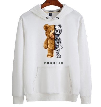 Herren-Hoodie mit Teddy-Roboter-Print, Kapuze und Kängurutasche in Weiß